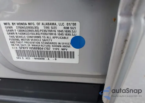 2008 Honda Pilot Ex-L z USA, uszkodzony, nr VIN 5FNYF18588B041707